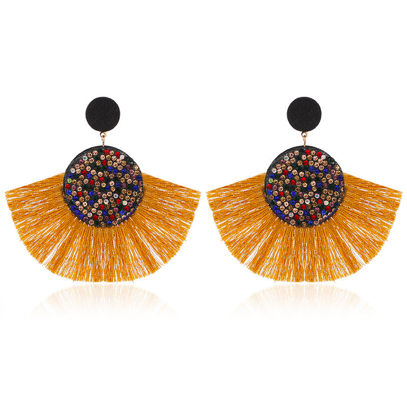 Wholesale Colored Diamond Scalloped Tassel Bohemian Exaggerated Earrings